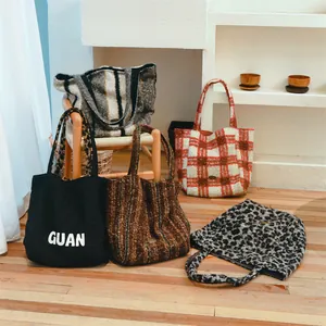 Women Reversible Woolen Tote Bag Large Capacity Shoulder Bag Striped Leopard Print Plaid Fashion Casual Shopping Handbag