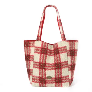 Chic red and white plaid fuzzy wool tote bag with large capacity, winter shoulder bag