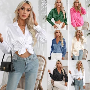 Damen Satin Polyester Reverskragen Langarm Bluse Elegantes Büro Damen Einfarbig Knöpfen Top Lässiges Hemd