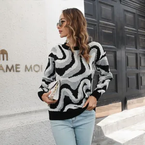 Elegant women's long sleeve sweater with abstract black and grey wavy jacquard