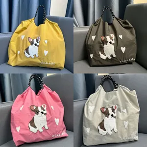 Japanese Cute French Bulldog Chenille Embroidery Nylon Tote Bag Portable Heart Pattern Shopping Bag For Women Casual Travel