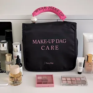 Große wasserdichte Kosmetiktasche mit rosa Griff und dekorativer Perle für Damen