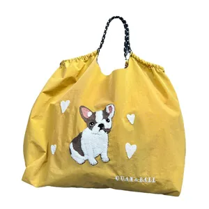 Cute French Bulldog towel embroidery yellow nylon eco-friendly shopping tote bag