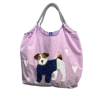 Large capacity purple nylon tote bag featuring cute dog embroidery and striped handles
