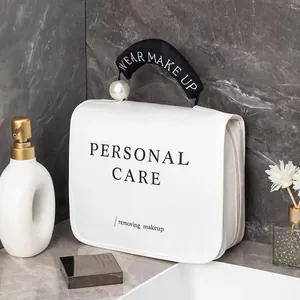 Große Kapazität Wasserdichte Kulturbeutel Für Damen Tragbare Kosmetiktasche Mit Künstliche Perle Griff Make-Up Organizer