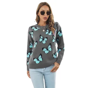 Suéter gris Y2K con jacquard de mariposas azules 3D, punto suelto de otoño