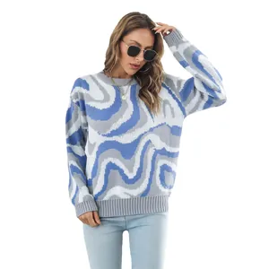 Womens oversized long sleeve crewneck sweater with blue and grey wavy jacquard pattern