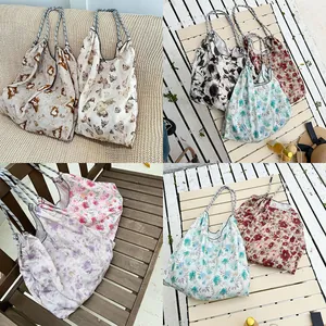 Large Capacity Floral Satin Tote Bag Vacation Style Lightweight Printed Beach Shoulder Bag For Women Foldable Shopper Bag