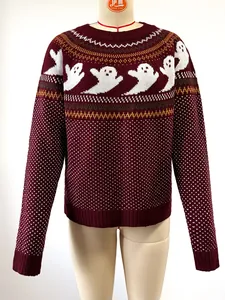 Detailed view of a vintage Halloween ghost knit sweater in burgundy with white polka dots.