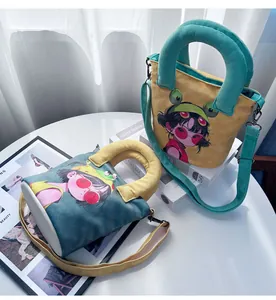 Hand-drawn girl illustration canvas bucket bags in yellow and blue colors, cute crossbody bag