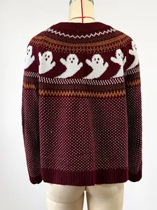 Back view of vintage burgundy Halloween sweater with ghost patterns and dot knit texture