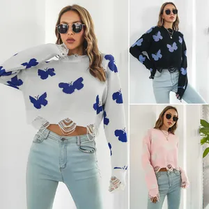 Women Y2K Butterfly Jacquard Distressed Knit Sweater Cropped Long Sleeve Crew Neck Pullover Streetwear Acrylic Jumper
