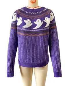 Detailed view of a purple Halloween knit sweater featuring vintage ghost patterns