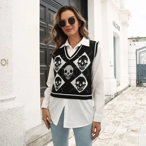 Full styling view of Y2K skull diamond pattern knit vest paired with white shirt