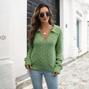 Maglione polo da donna a scacchi verdi, pullover casual a maniche lunghe testurizzato
