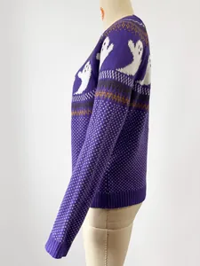 Side view of a purple Halloween ghost knit sweater featuring vintage polka dot texture