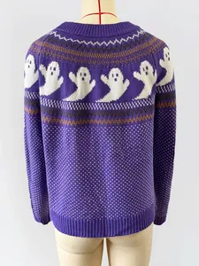 Detailed back view of a purple Halloween knitted sweater with white ghost patterns.