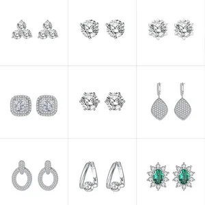 Silver lab-grown diamond earrings in a nine-pair grid layout showing various styles.