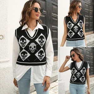 Women Y2K Skull Argyle Knitted Sweater Vest V-Neck Sleeveless Acrylic Jacquard Pullover Top For Halloween Streetwear