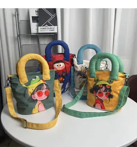 Set of cute hand-drawn girl illustration canvas bucket bags with colorful handles