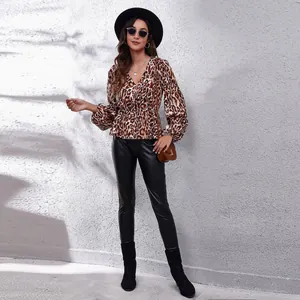 Stylish leopard print peplum blouse with V-neck and lantern sleeves for women