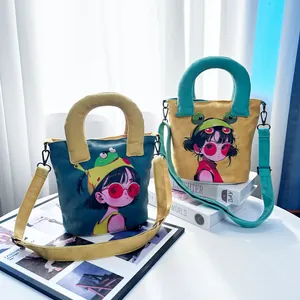 Cute girl hand-drawn canvas bucket bag with adjustable crossbody strap and handles