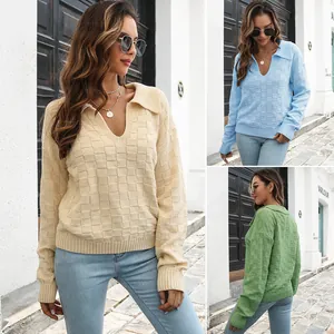 Maglione in Maglia di Acrilico Casual da Donna Vestibilità Larga Quadretti 3D Collo Polo a Revers Manica Lunga Autunno Inverno