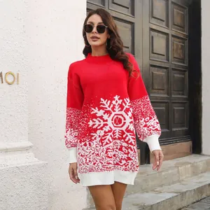 Robe de Noël festive en maille rouge avec jacquard flocon blanc et manches lanternes