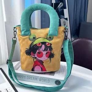 Cute hand-painted girl illustration canvas bucket bag with green handles and strap