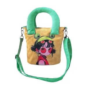 Cute canvas bucket bag featuring a hand-drawn anime girl illustration with green strap