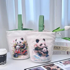 Women Fresh Panda Illustration Canvas Bucket Bag Handbag With Wooden Rings Printed Cotton Hand Tote Everyday Casual Purse
