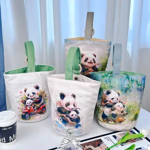 Set of fresh panda illustration canvas bucket handbags with high-quality texture design