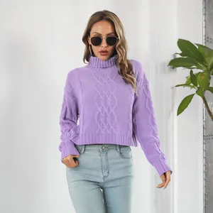 Detail view showing the cable knit texture of a purple turtleneck cropped sweater for women