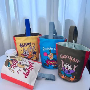 Trendy Dames Cartoon Dier Canvas Bucket Bag Retro Kat Hond Print Handtas Hoge Kwaliteit Contrast Kleur Brede Riem Tote