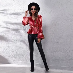 Stylish red and white gingham V-neck peplum blouse with elegant lantern sleeves for women