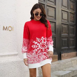 Robe de Noël rouge festive en tricot avec jacquard flocon blanc et manches bouffantes
