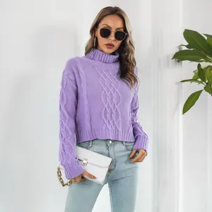 Detail of a purple cable-knit turtleneck sweater with a cozy relaxed fit for women.