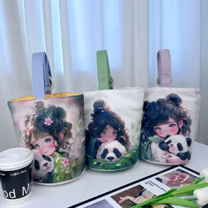 Set of three canvas bucket bags featuring cute anime girl and panda print illustrations