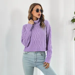 Detail showing the cable-knit pattern of this purple women's turtleneck sweater