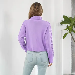 Back view of a purple cable knit turtleneck cropped sweater for autumn and winter.