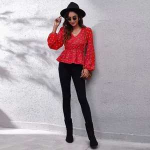 Elegant red floral print V-neck blouse with lantern sleeves and elastic waist for women