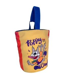Trendy gele canvas emmertas met retro cartoon kattenprint en stevig blauw handvat