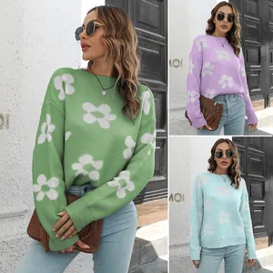 Dames Floral Jacquard Gebreide Trui Losse Ronde Hals Madeliefje Lange Mouw Pullover Herfst Winter Acryl Top