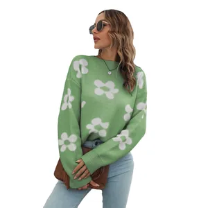 Stijlvolle groene oversized gebreide trui met madeliefje jacquard voor dames