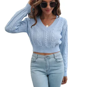 Women's stylish light blue cable knit V-neck cropped sweater with cozy long sleeves