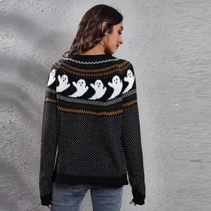 Back view of a vintage Halloween ghost and polka dot knitted sweater for women
