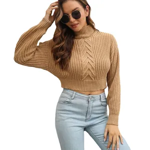 Damen bauchfreier Grobstrickpullover mit Stehkragen in Khaki und modischen Ärmeln