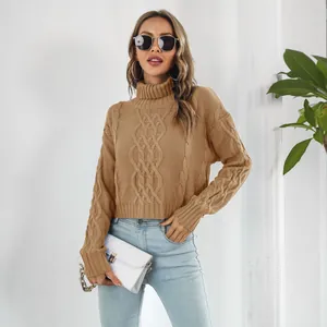 Camel cable-knit turtleneck cropped sweater worn by a model in a stylish indoor setting.