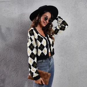 Stylish women's black and white argyle jacquard knit cardigan featuring a V-neck design