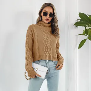 Detailed view of camel cable knit turtleneck cropped sweater for women in autumn fashion style